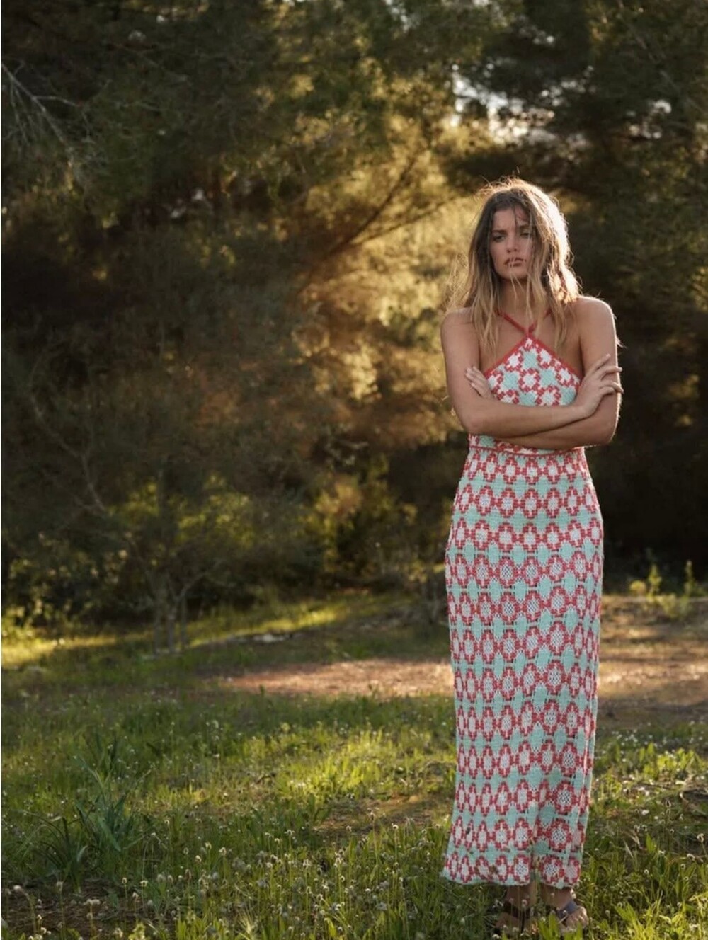 Zara Crochet Knit Halter Maxi Dress Aqua Red Size M